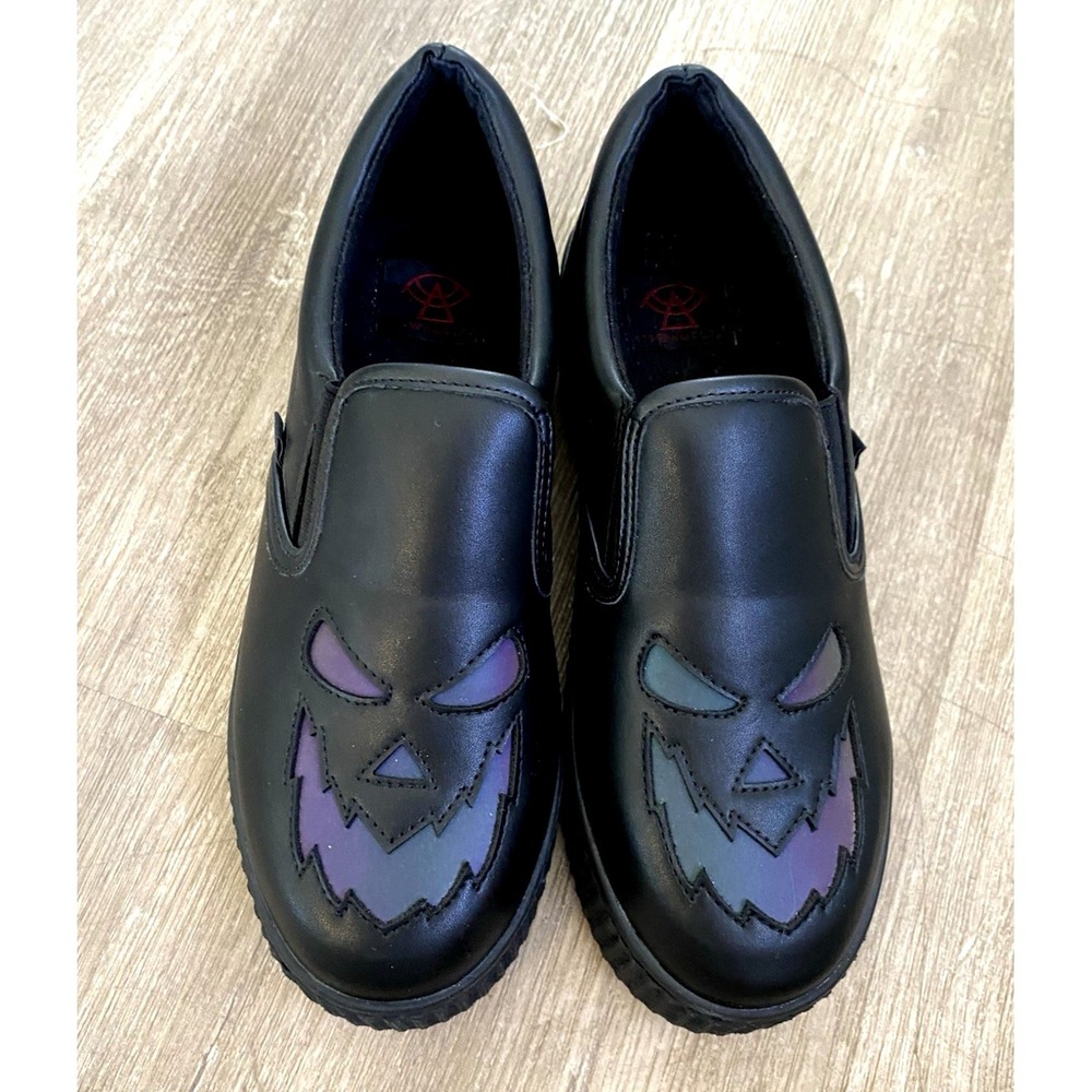 Strange Cvlt Krypt Reflective Platform Shoes Jack-O Lantern Slip On‎ 10m EUC 40